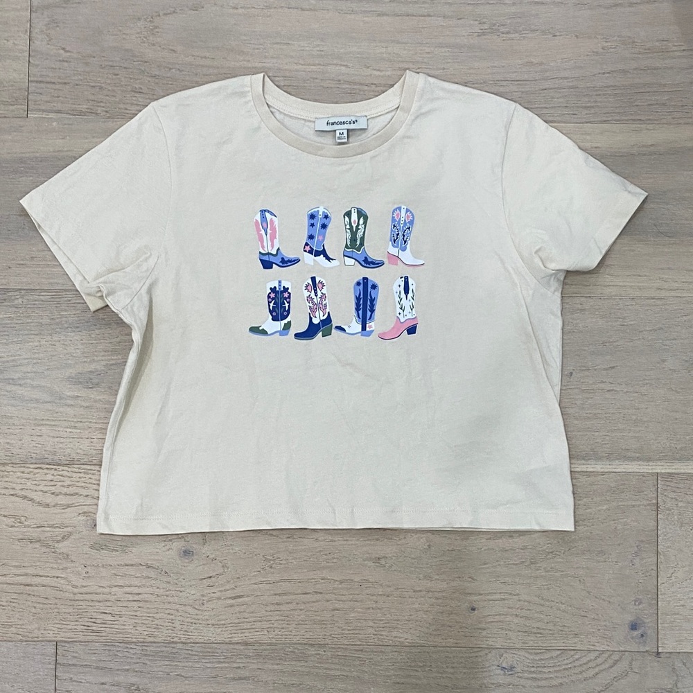 Francesca's Collections Cream Crop Top with Colorful Boot Print